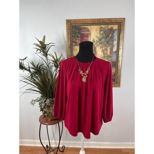 Adrianna Papell Blouse Womens SM Red Pleated Balloon Sleeve Boho Chic Romantic
